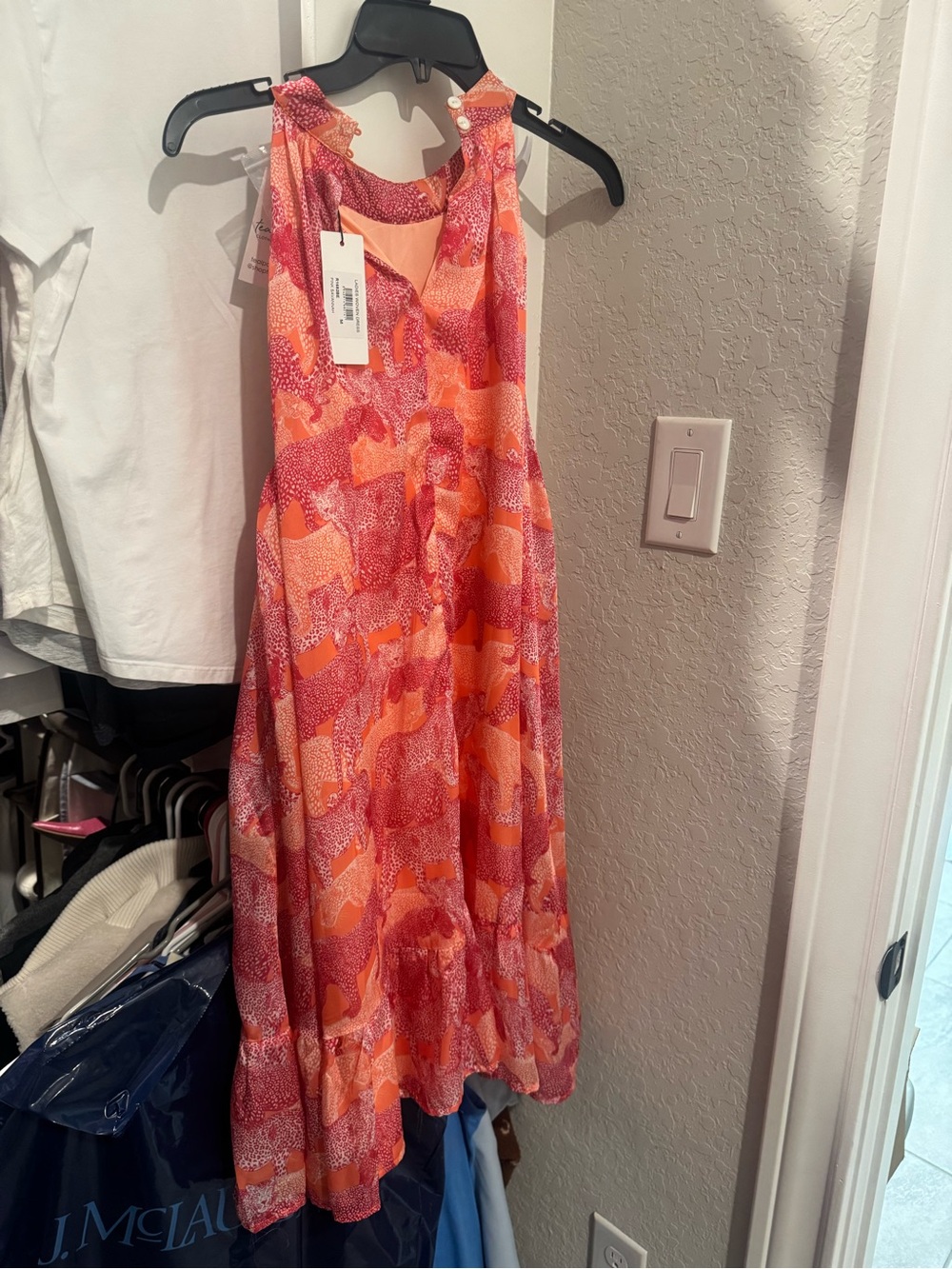 NWT Sz M Molly Bracken Sleeveless Halter Orange & Pink Dress